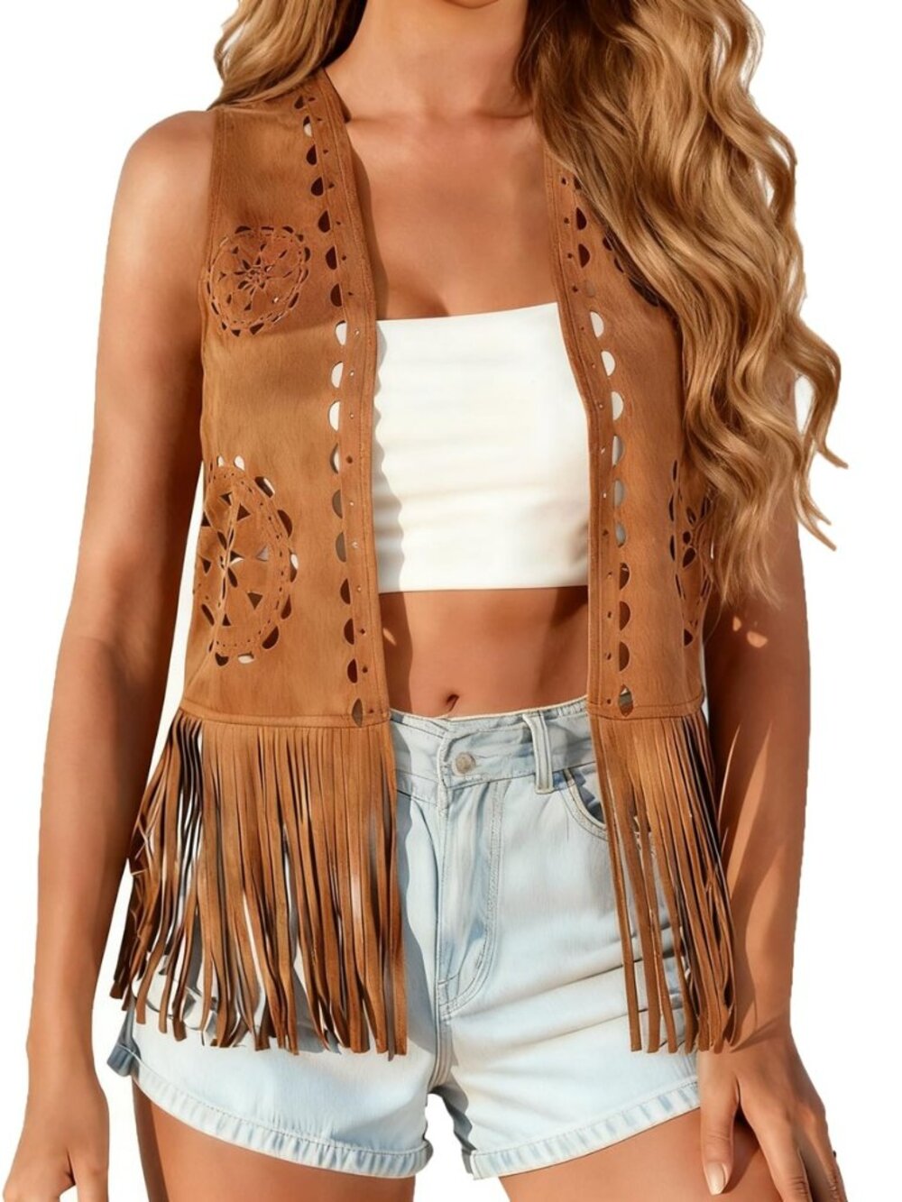 Women Western Tassels Vest Tops 70s Hippie Faux Suede Fringe Vests Jacket